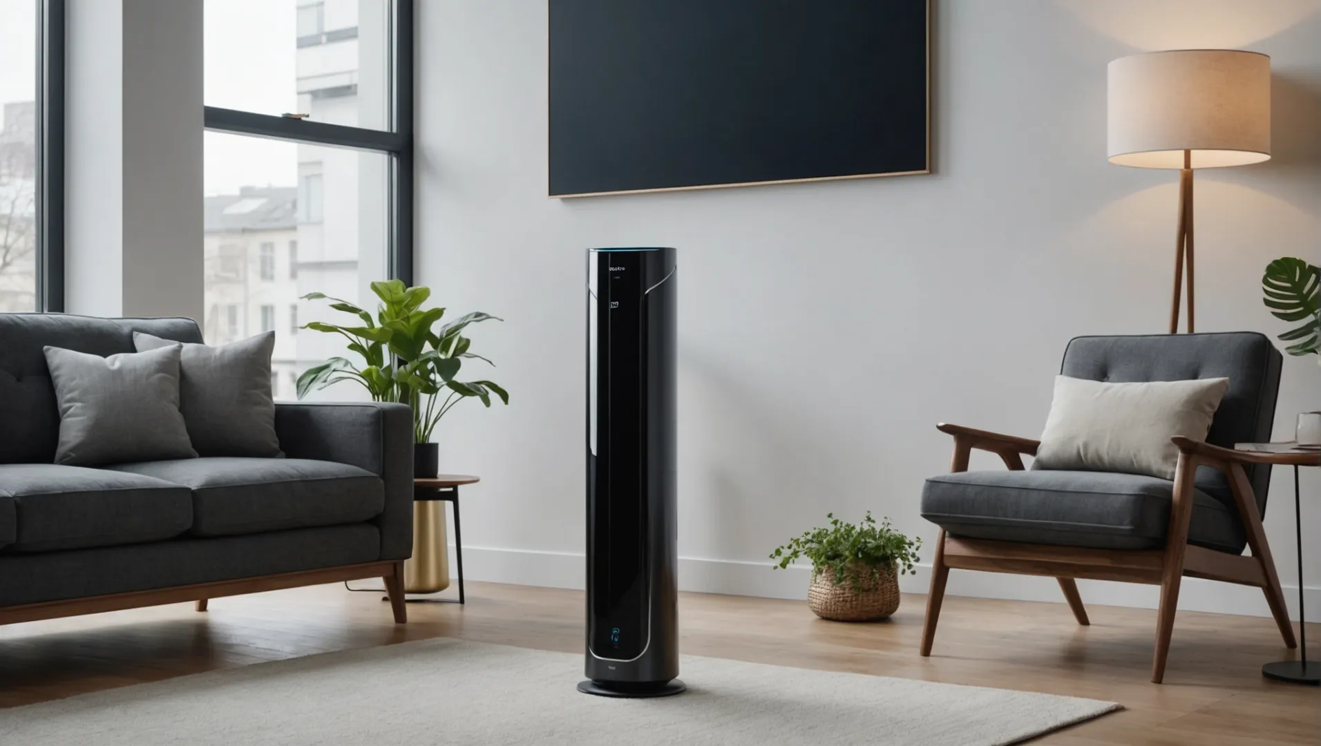 Smart air purifier with digital display showing real-time air quality data