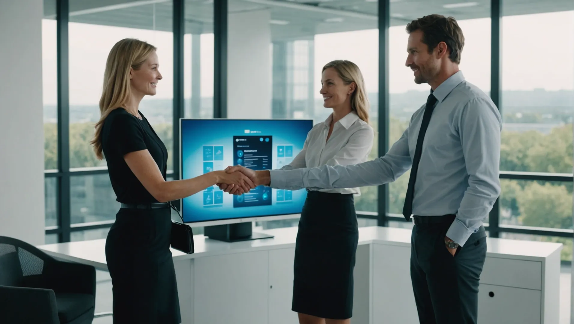 Two business professionals shaking hands in front of air purifiers