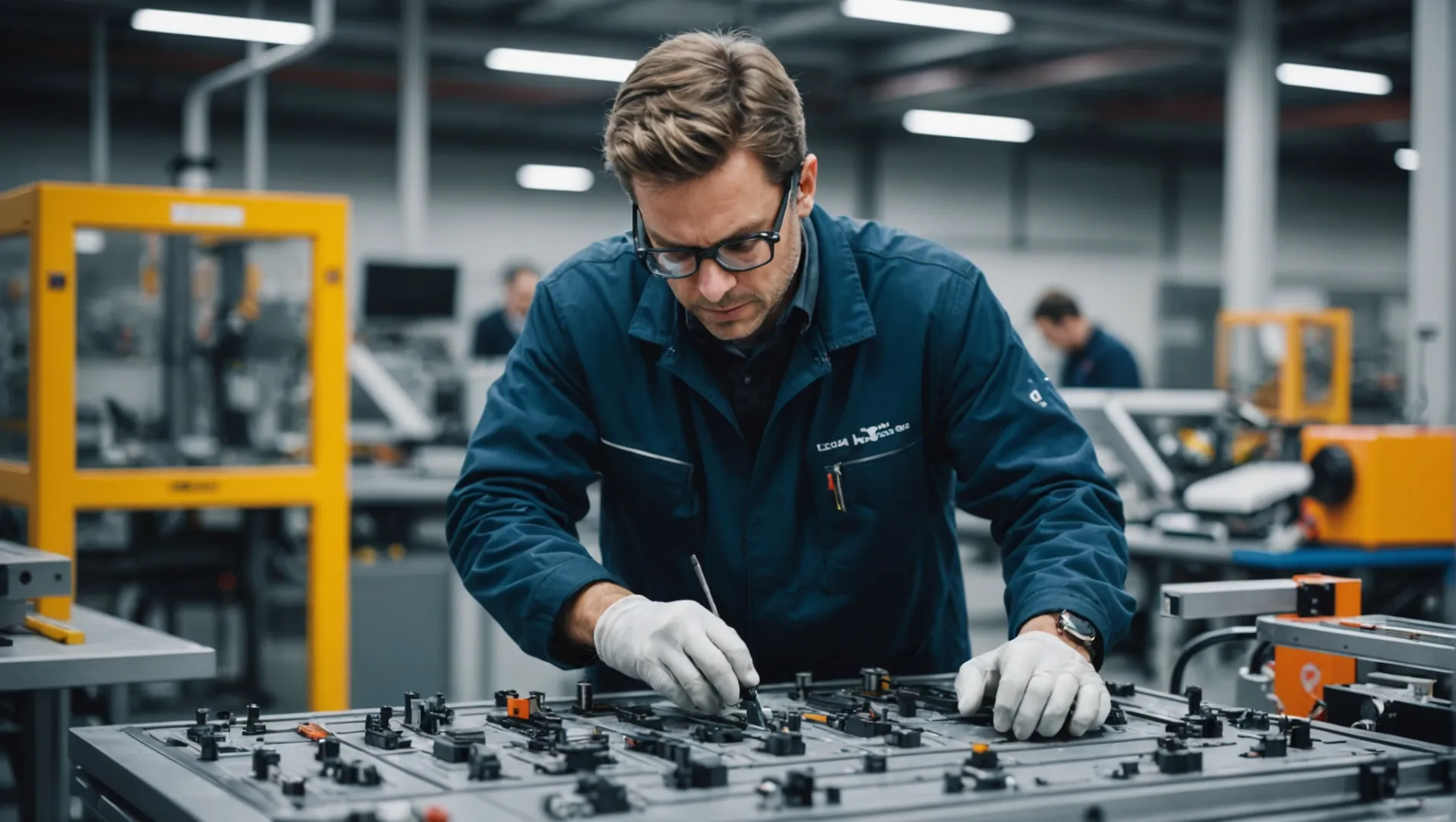 Engineer examining prototype parts in a modern factory setting