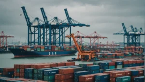 Containers at a busy port with cranes in operation, representing international trade and tariffs.