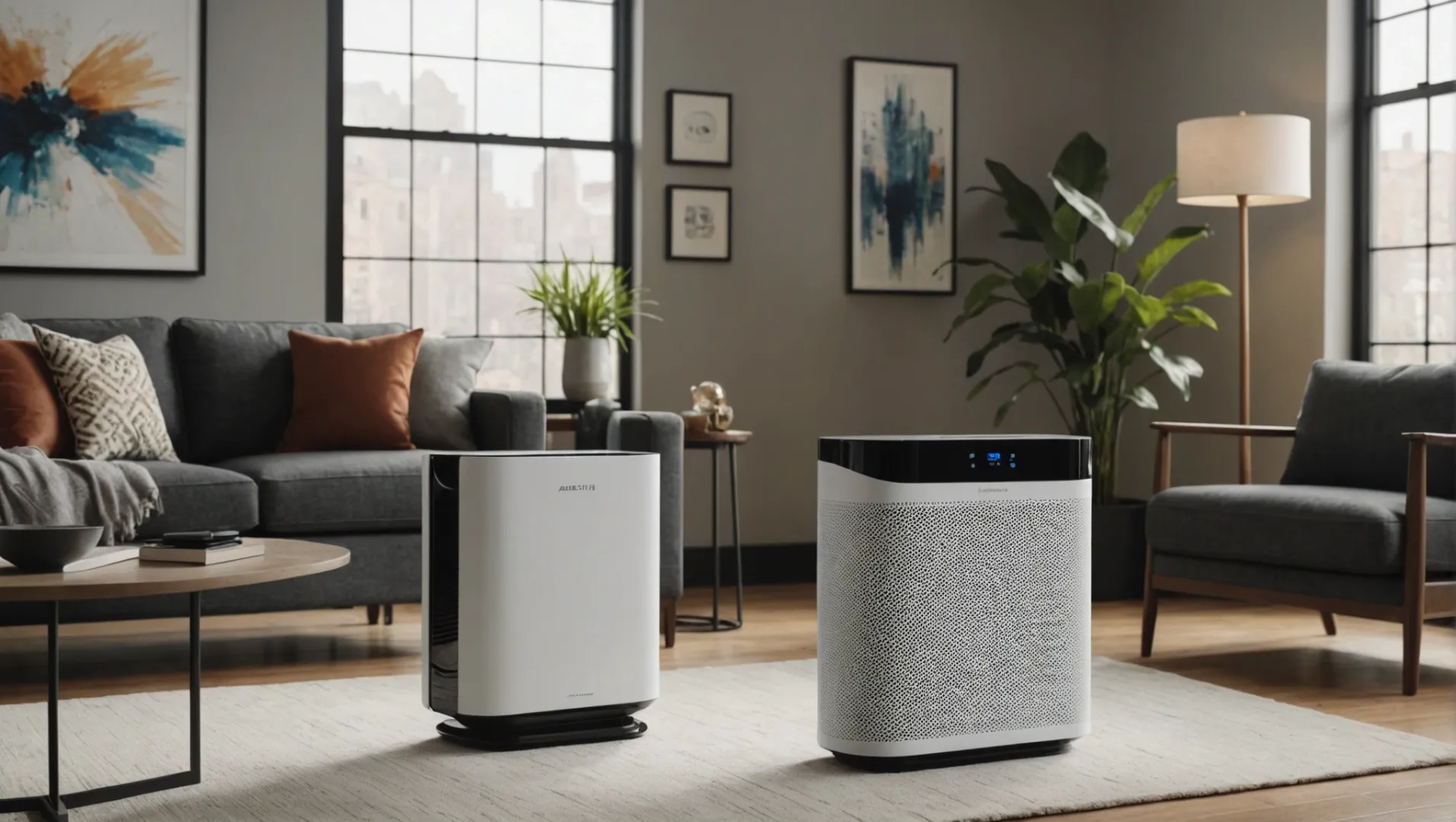 A modern air purifier with a digital display and multiple filtration stages.