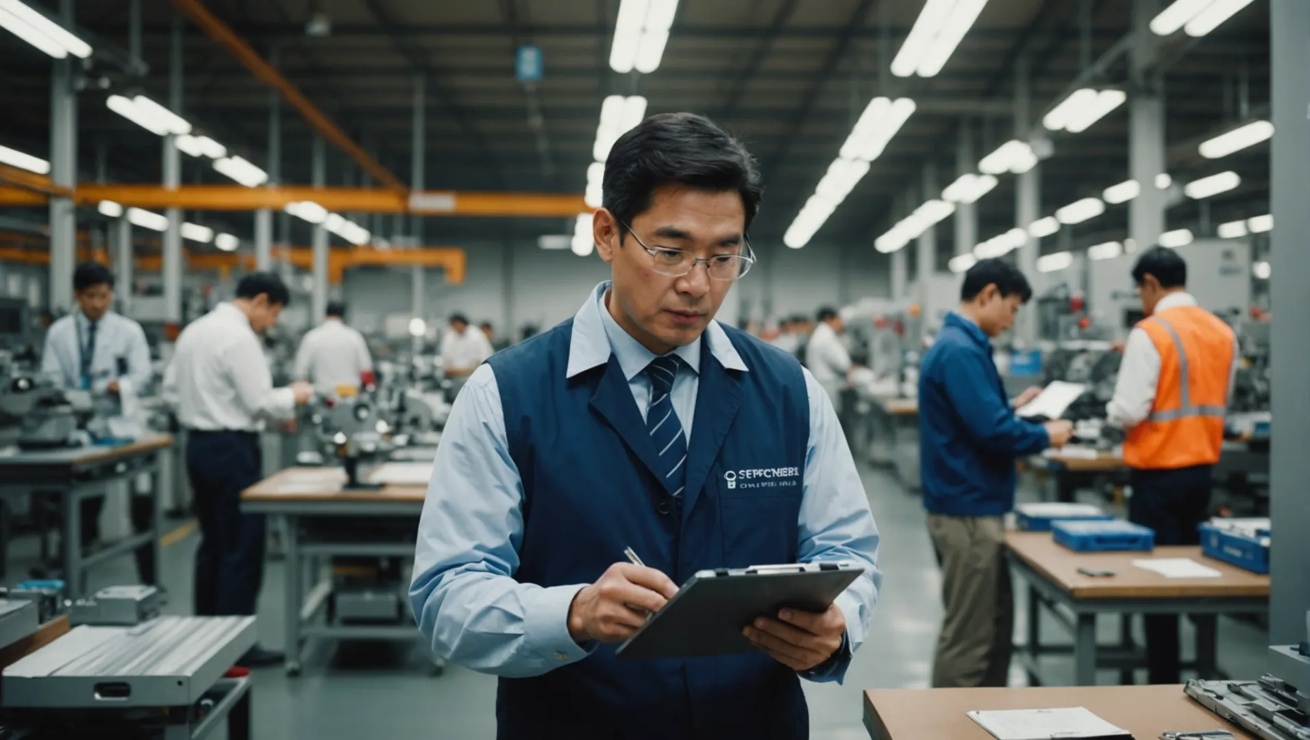 A third-party inspector examining products in a factory overseas