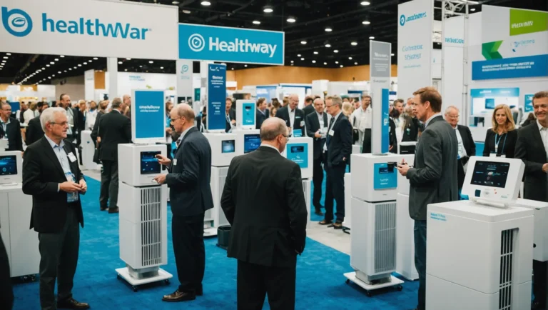 Various air purifiers displayed at a trade show