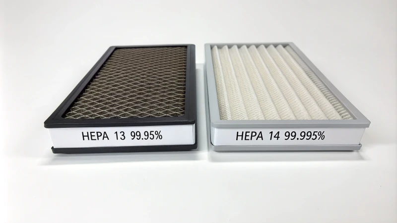 Two air filters labeled HEPA 13 and HEPA 14 on a white background