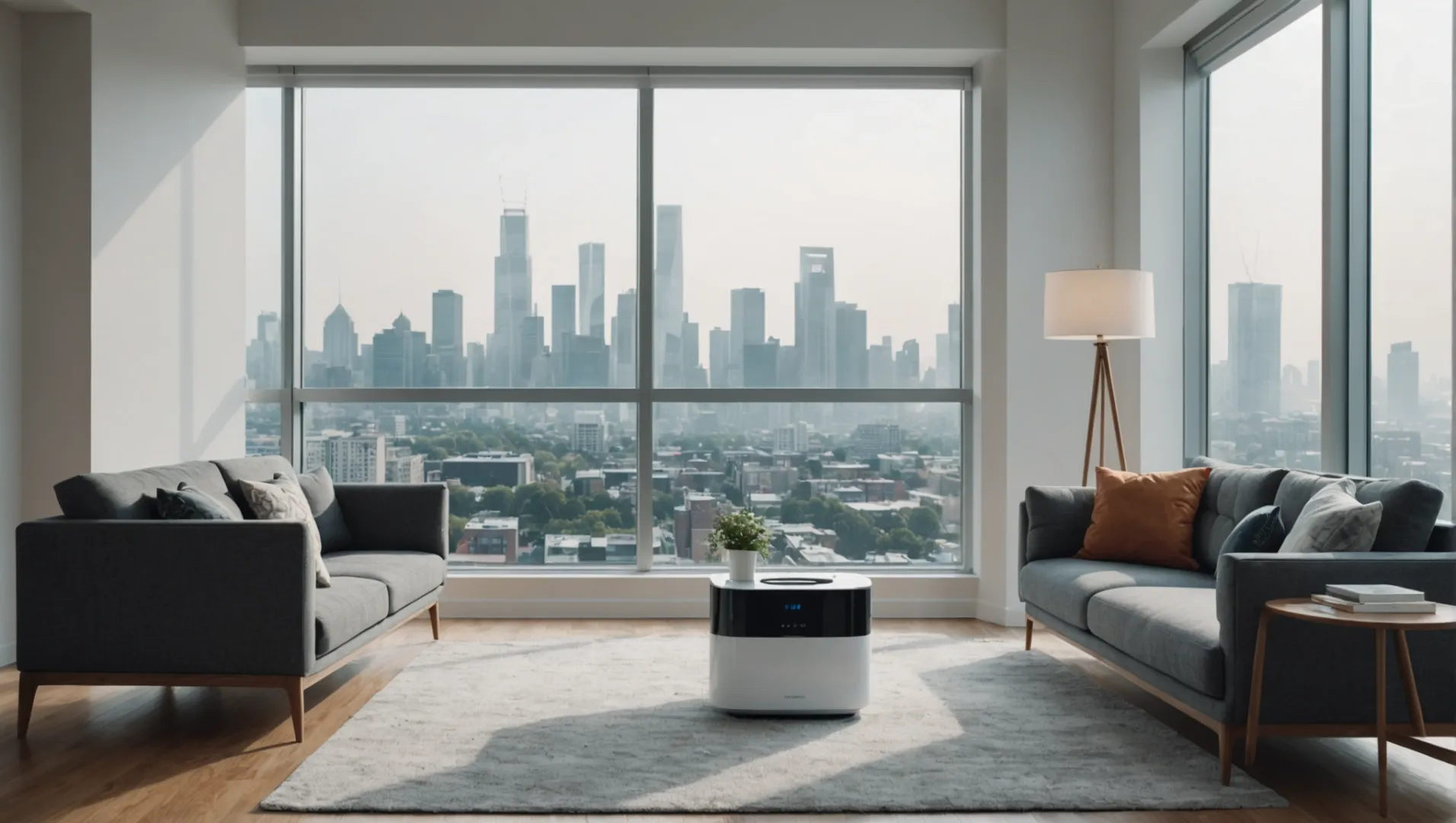 An air purifier in a modern living room setting with a view of a city skyline showing haze, representing air pollution.