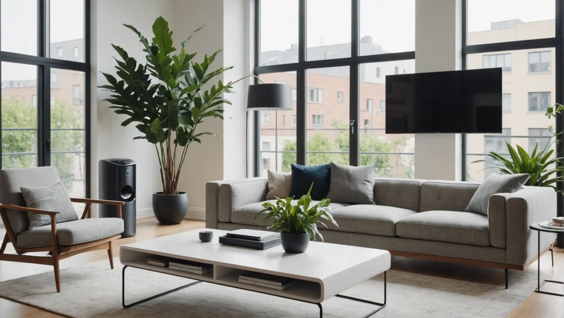 A modern home with an air purifier placed prominently