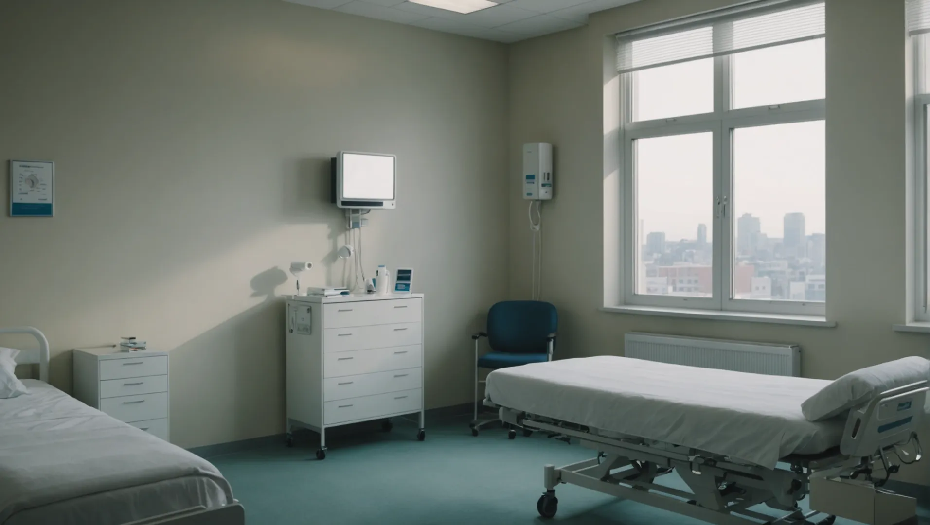 Wall-mounted air purifier in a hospital room with a serene atmosphere.