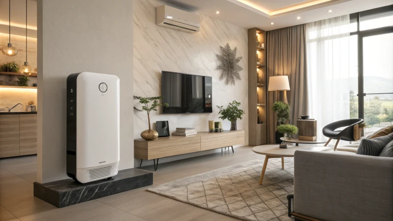 A modern wall-mounted air purifier in a stylish living room