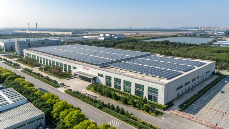 Aerial view of a modern manufacturing facility with solar panels and greenery.