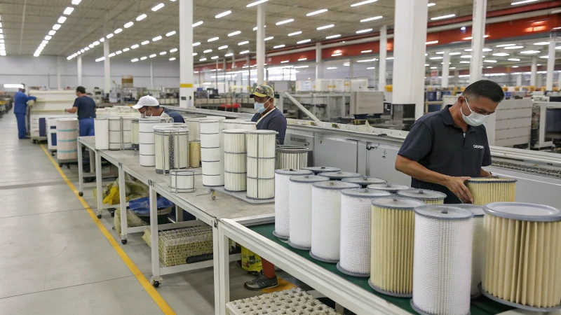 Manufacturing facility with workers assembling air filters