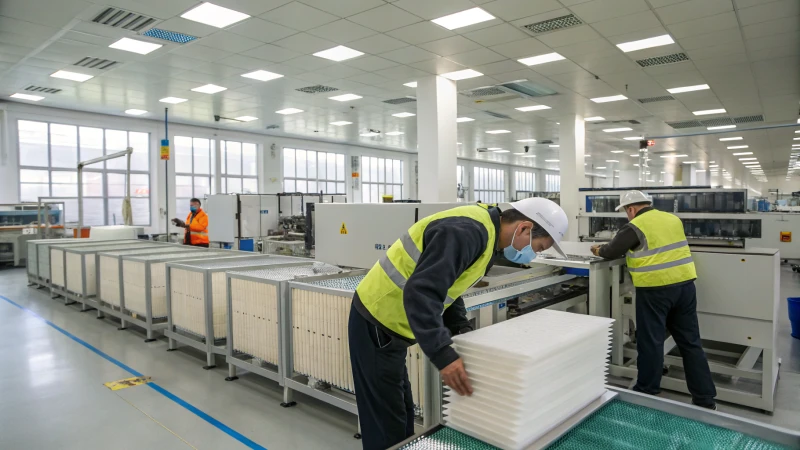 Workers assembling air filters in a modern factory