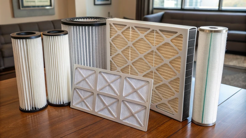 Flat lay of various air filters including HEPA and ULPA filters on a wooden table