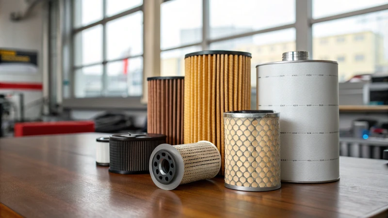 A variety of air filters on a wooden table with a manufacturing background