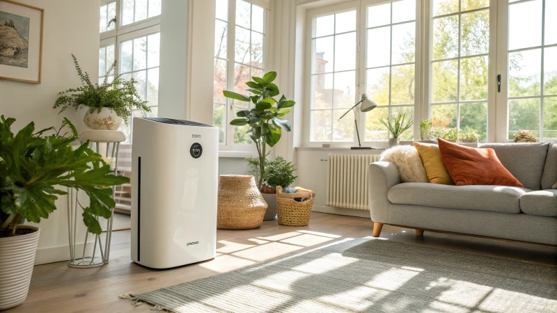 A modern living room with an air purifier