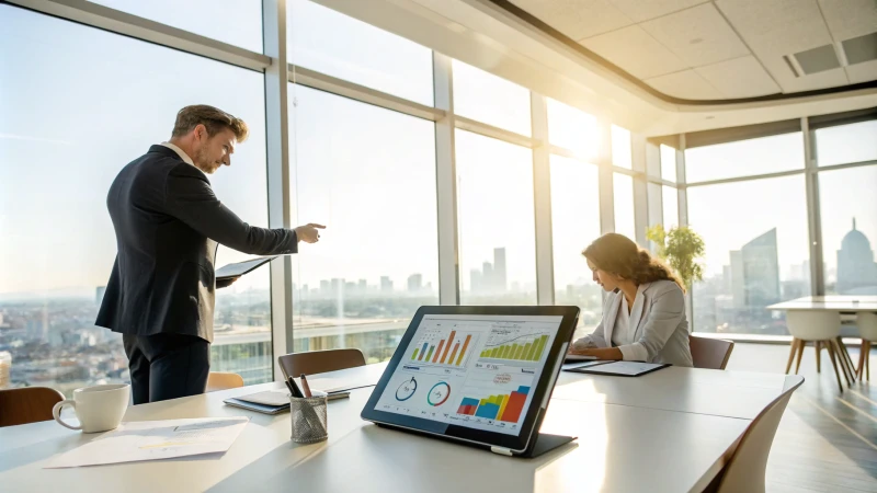 A modern business meeting room with professionals discussing strategies.