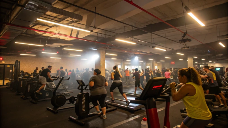 Interior view of a busy gym with people exercising and equipment