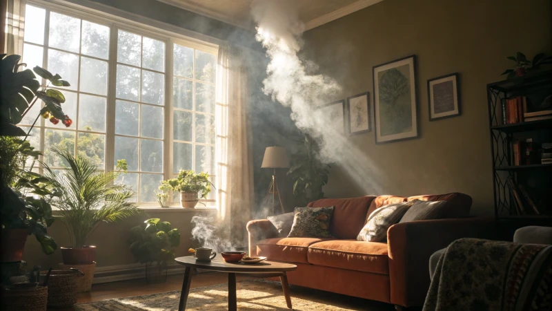 A cozy living room filled with smoke particles