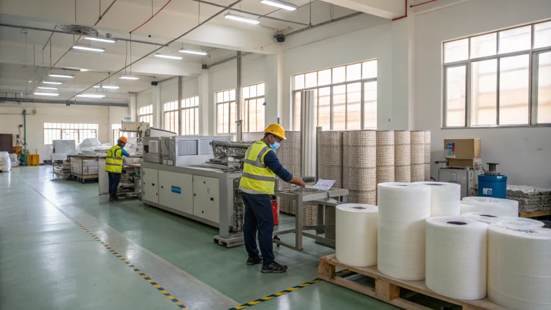 Workers in an industrial facility manufacturing custom filters