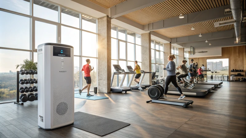 Interior of a modern gym with fitness equipment and air purification system