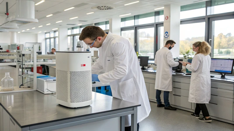 Researchers testing a 3M air purifier prototype in a modern lab