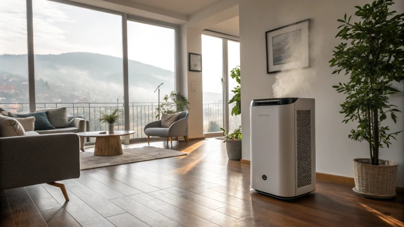 A modern living room with a sleek air purifier on a wooden floor