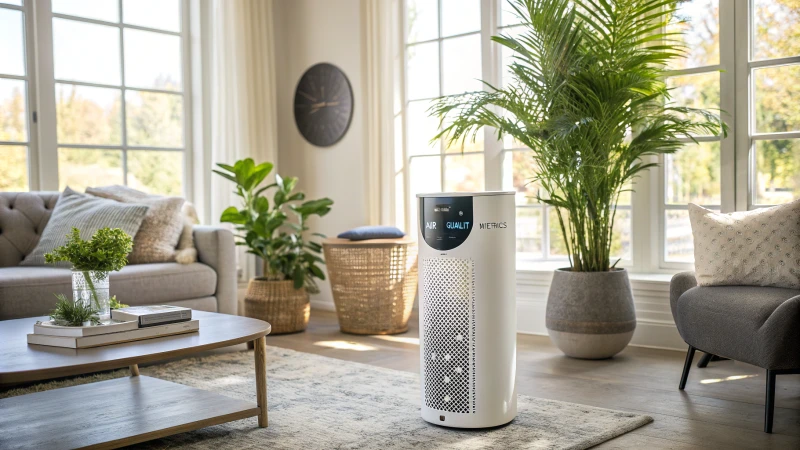 Modern living room with a sleek air purifier and bright sunlight