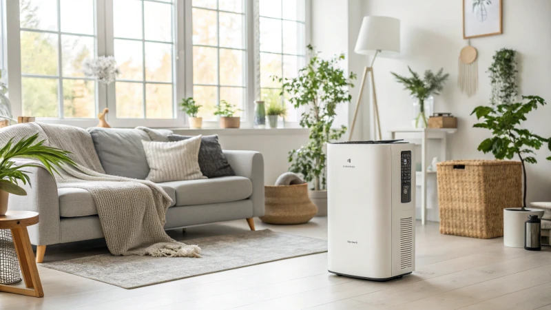 Modern living room with HisoAir air purifier and cozy decor