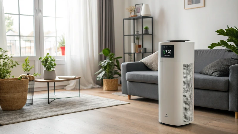 A modern living room with an air purifier and sunlight