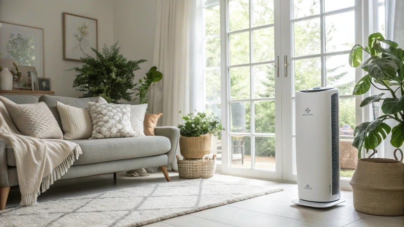 A modern living room featuring a HisoAir air purifier beside a window