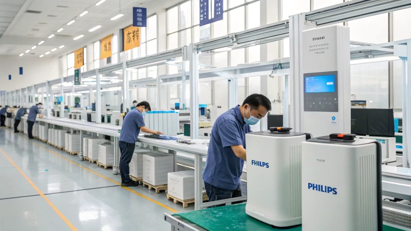 Workers assembling air purifiers in a modern manufacturing facility