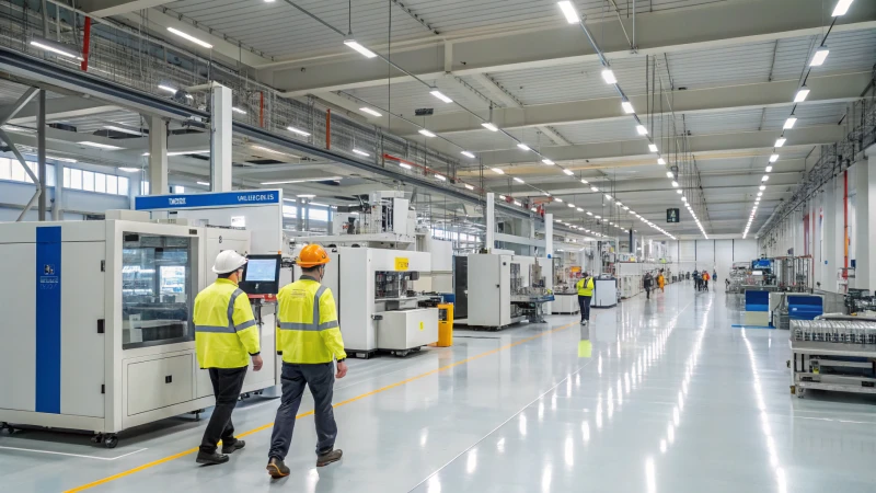 Interior of a modern manufacturing facility with workers inspecting products.