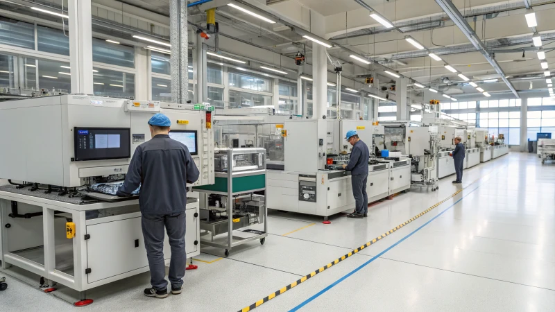 Workers monitoring assembly in a modern manufacturing facility