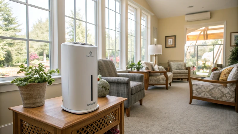 A bright nursing home room with modern furniture and an air purifier