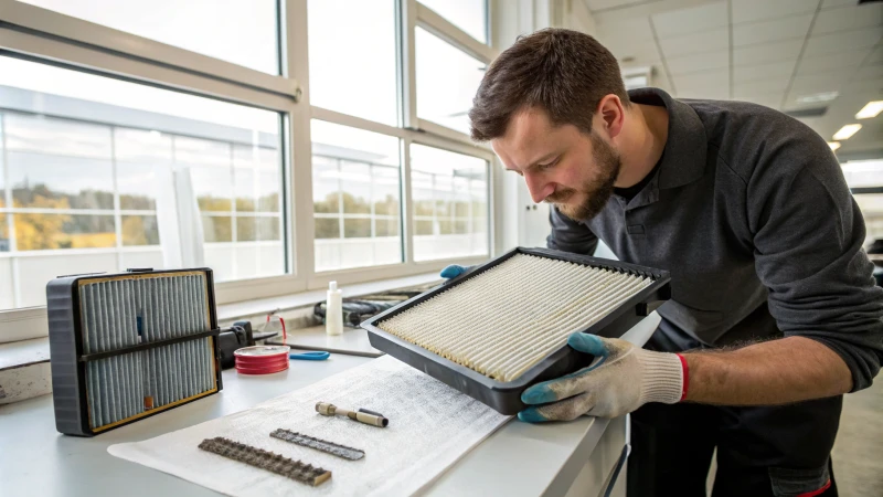 A technician inspecting a custom air filter in a workshop