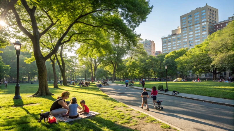 A vibrant urban park filled with people enjoying various outdoor activities.