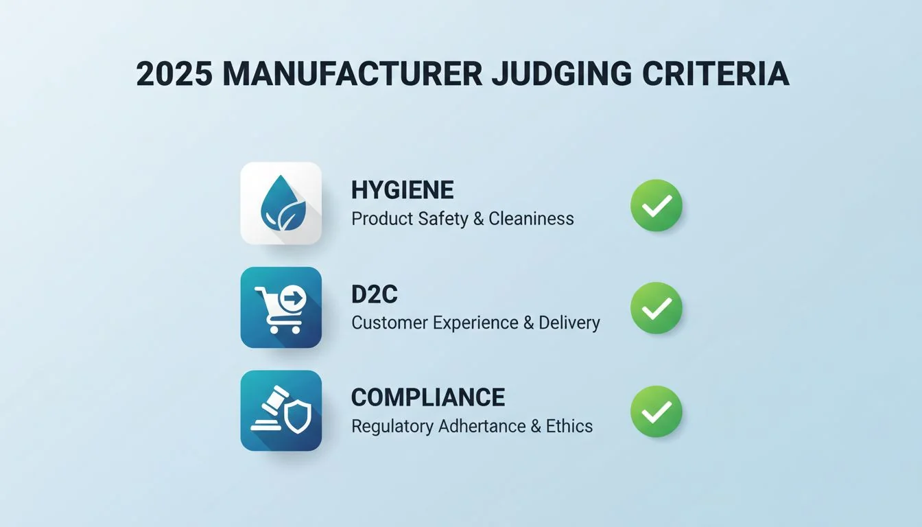 2025 Manufacturer Judging Criteria A checklist graphic with icons for Hygiene, D2C, and Compliance.