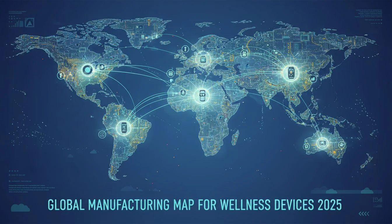2025 Manufacturing Map for Wellness Devices A stylized global map showing manufacturing hubs for wellness devices