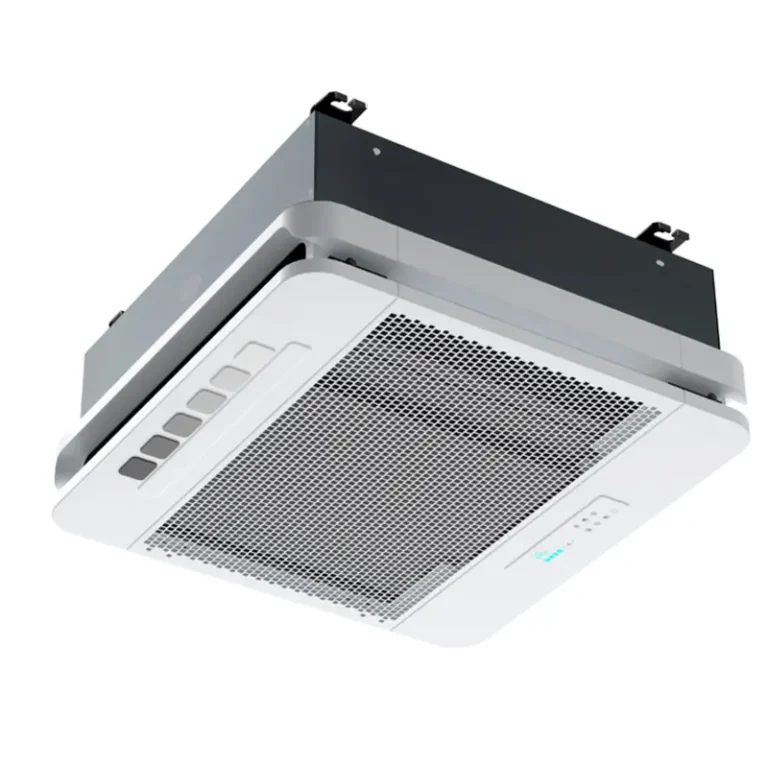 A modern ceiling mounted air conditioning unit with a sleek design and digital controls.