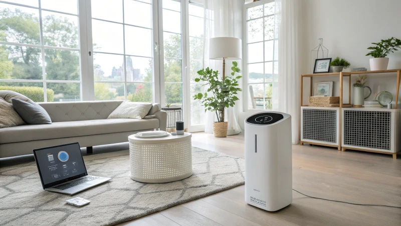 A modern living room with smart air quality devices