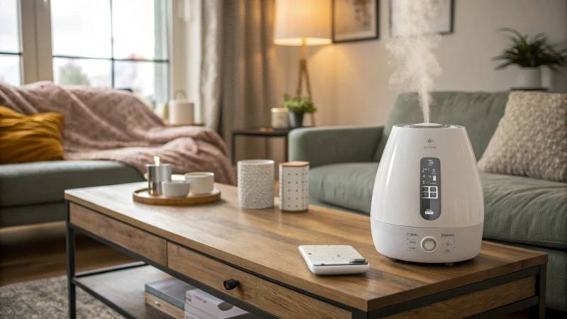 A stylish smart humidifier on a coffee table in a cozy living room