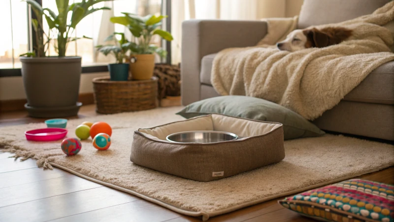 A cozy living room corner designed for an aging dog, featuring soft bedding and a plush rug.