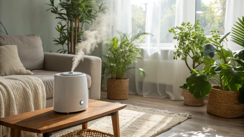 Cozy living room with a modern humidifier and indoor plants