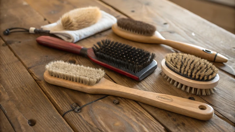 Selection of dog brushes on a wooden table