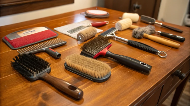 A variety of dog grooming brushes arranged on a wooden table