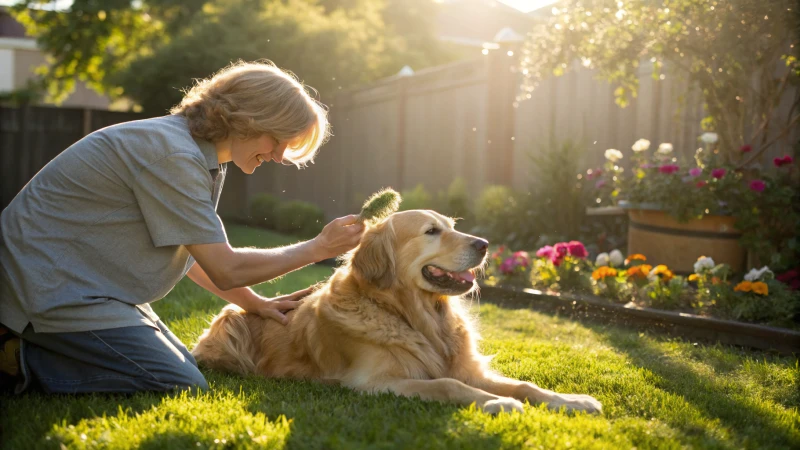 A person brushing a dog in a sunny backyard