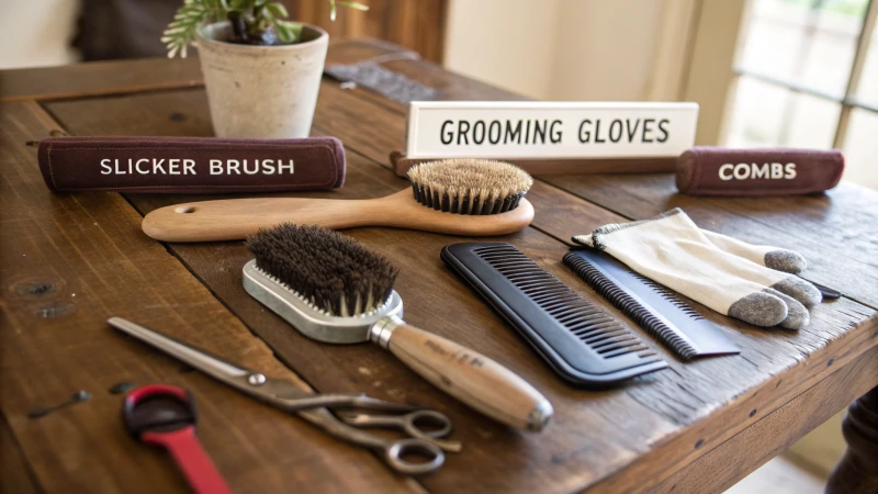 A variety of dog grooming tools on a wooden table