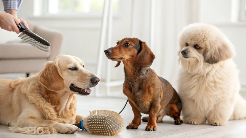 Three distinct dog breeds being groomed with different brushes