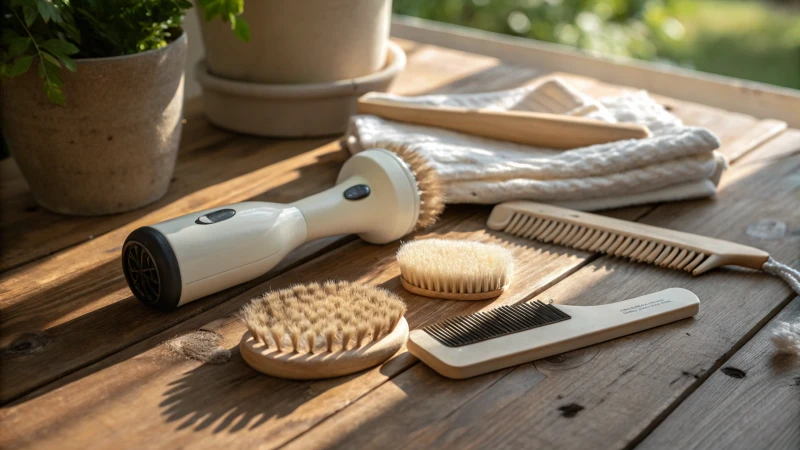 A collection of eco-friendly pet grooming tools on a wooden table.