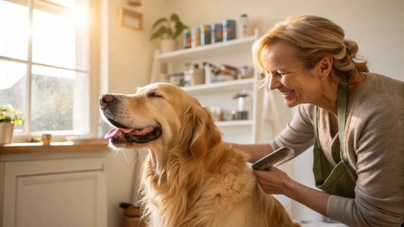 A golden retriever being groomed by its owner in a cozy indoor setting.