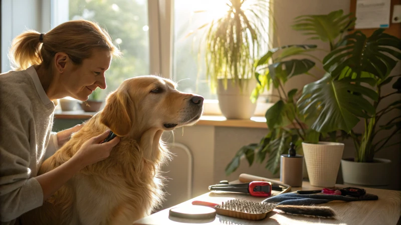 A person grooming a golden retriever in a sunlit room